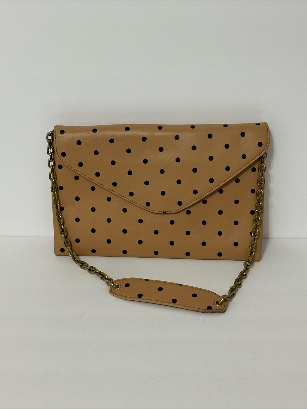 J Crew Polka Dot Leather Bag Envelope Clutch Shoulder Tan Black Chain Strap
